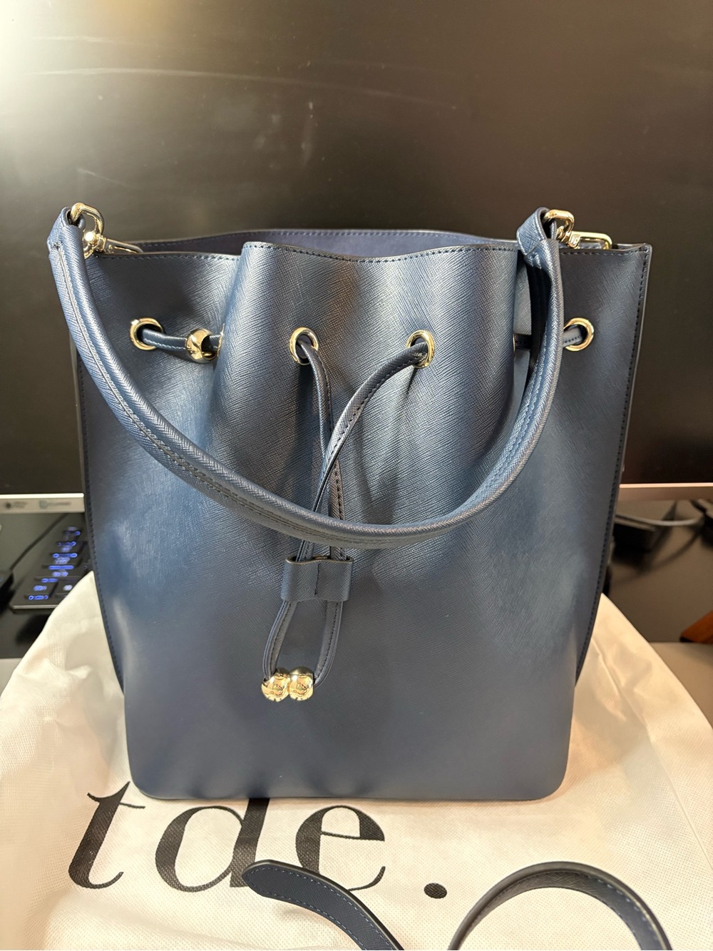 tde. (The Daily Edited) Navy Saffiano Drawstring Bucket Bag